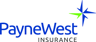 Blue text Paynewest Insurance with a geometric star type shape in the top corner